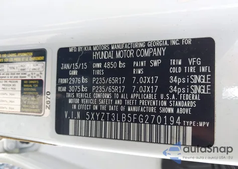 2015 Hyundai Santa Fe Sport 2.4L z USA, uszkodzony, nr VIN 5XYZT3LB5FG270194